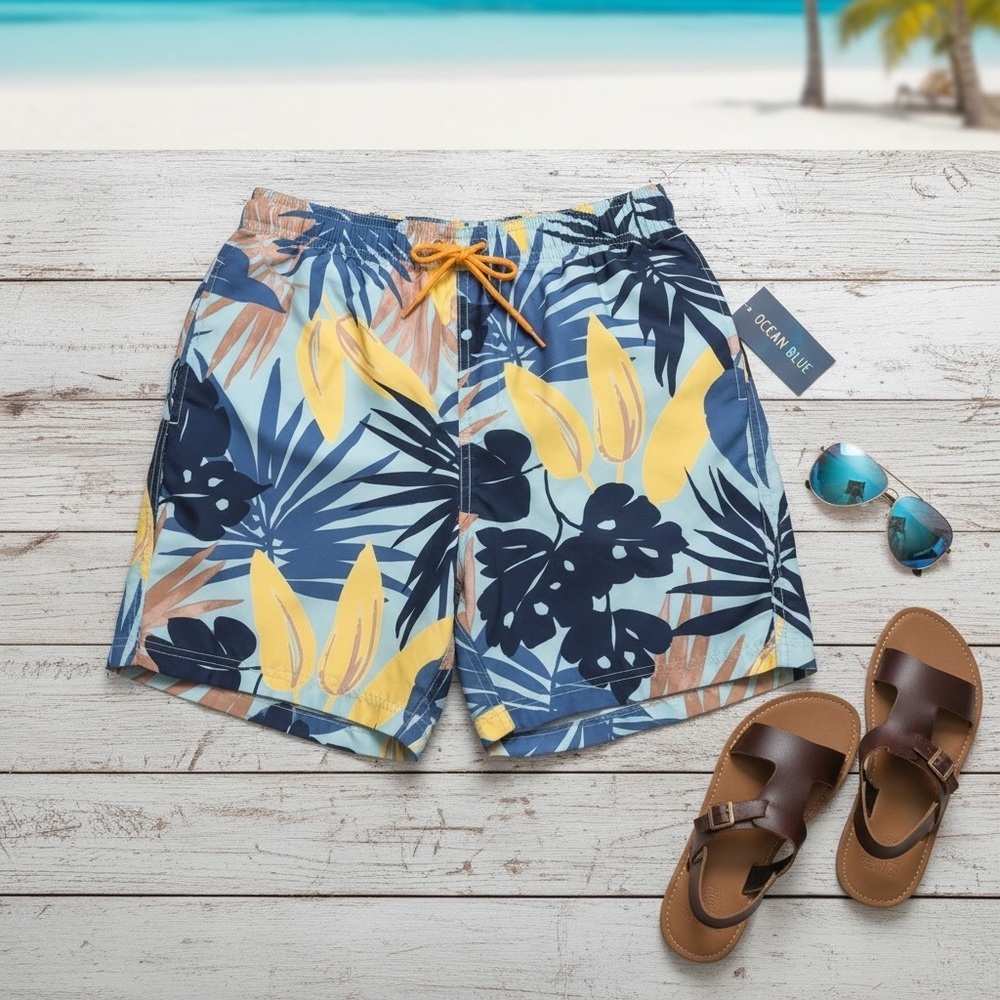 Lands’ End Tropical Print Swim Trunks Size S 28–30 Blue Beach Board Shorts